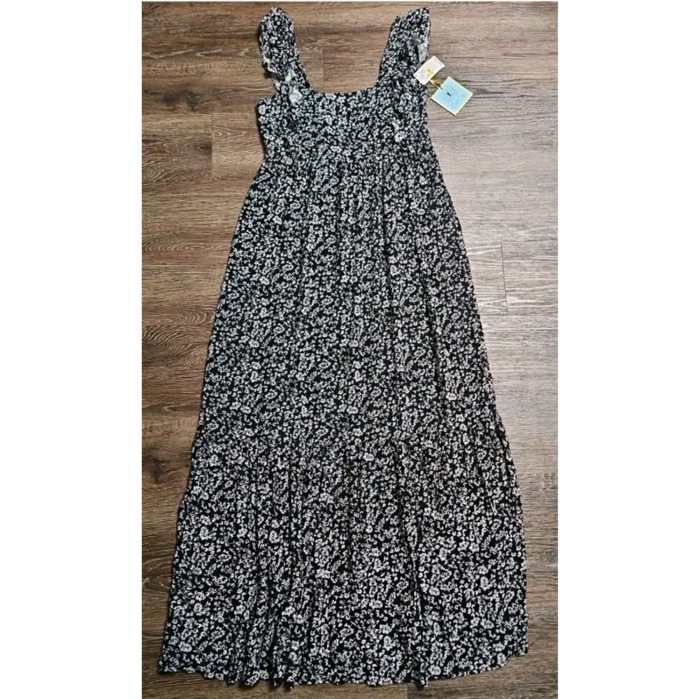 CeCe Women's Ditsy Black White Floral Ruffle Strap Maxi Dress - Picture 5 of 14